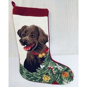 Needlepoint Christmas Stocking Chocolate Lab Brown Dog Wool on Cotton 16"